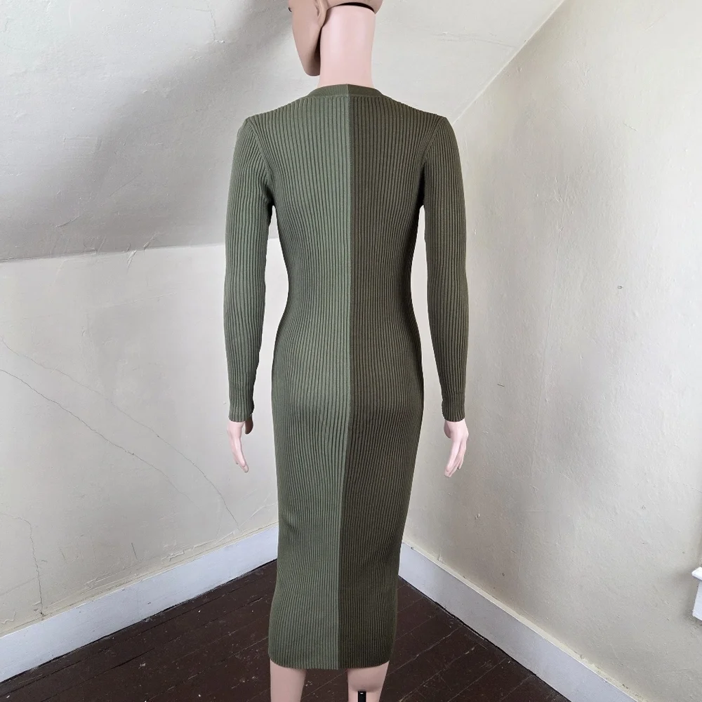 STAUD Ribbed Two Tone Green Midi Dress S Button Front Stretch Viscose Fitted - Picture 5 of 12